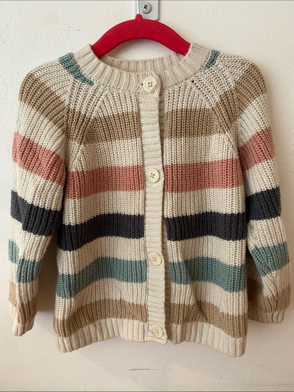 H&M Cream Cardigan with Pink, Black, Teal and Tan Stripes